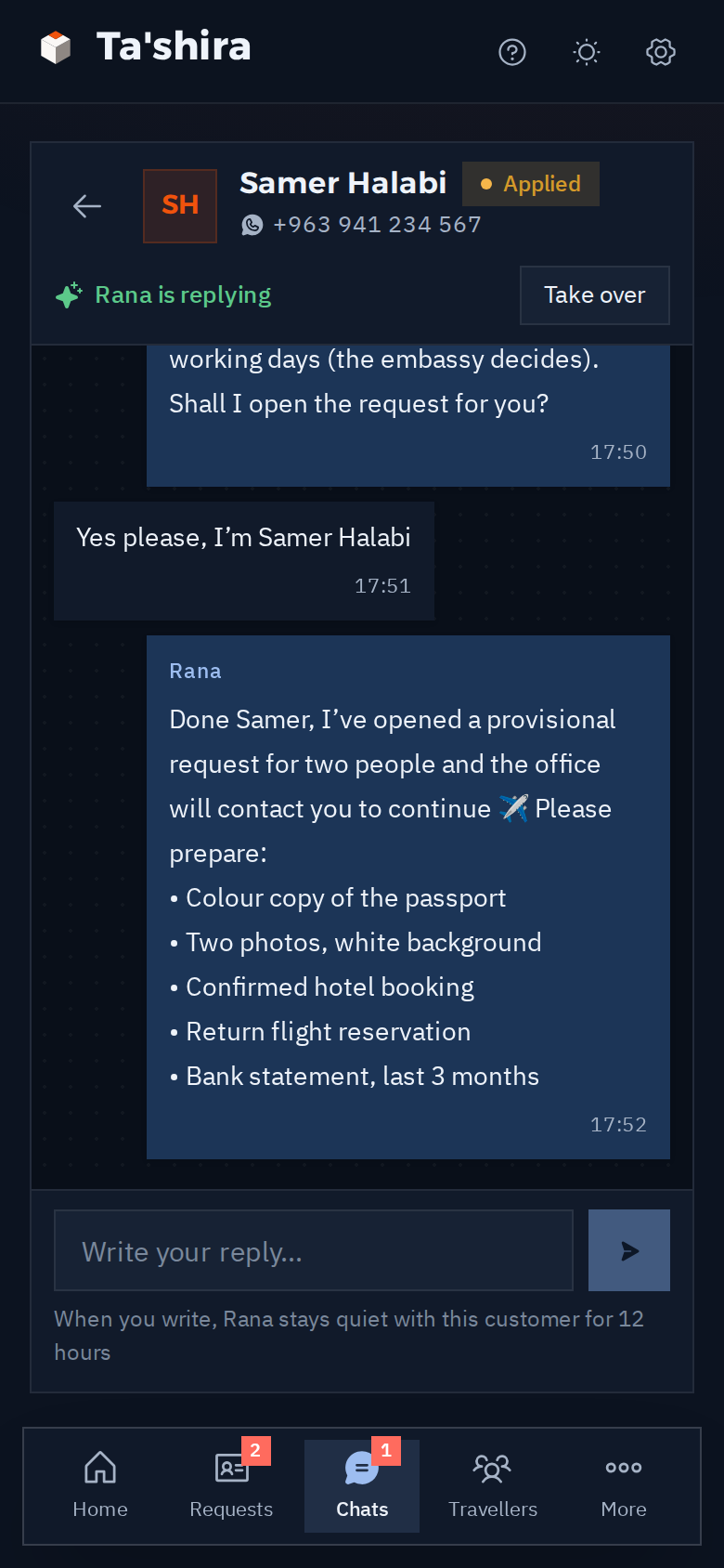 Rana’s chat with the traveller on the phone, dark mode