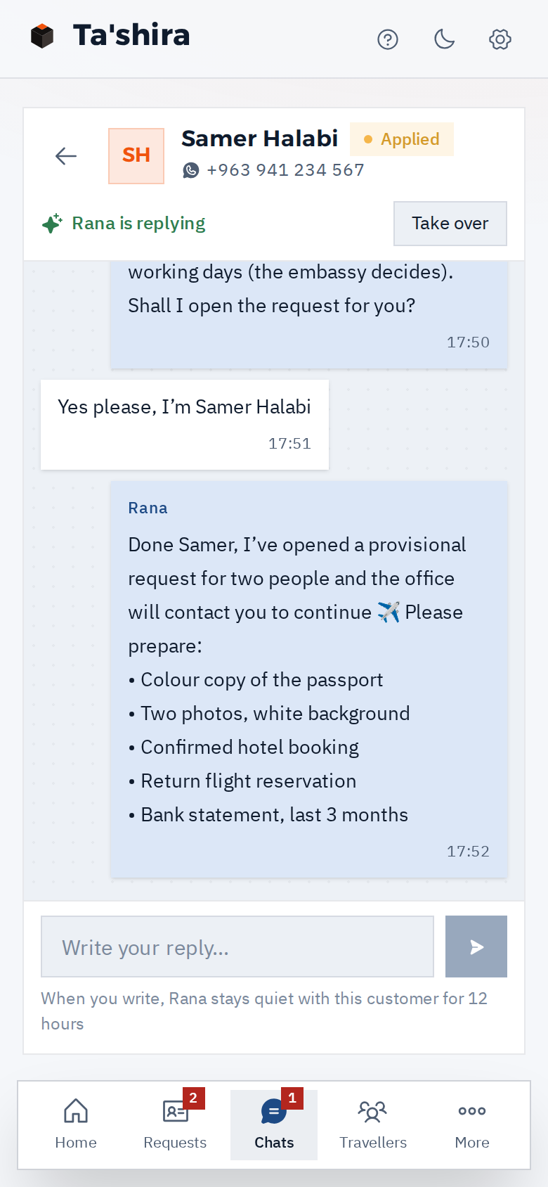 A chat on the phone: a traveller asks about a UAE visa for himself and his wife; Rana gives the price and usual processing time, opens a provisional request and sends the documents list