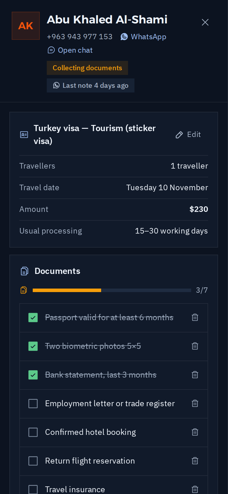 The request’s documents list on the phone, dark mode