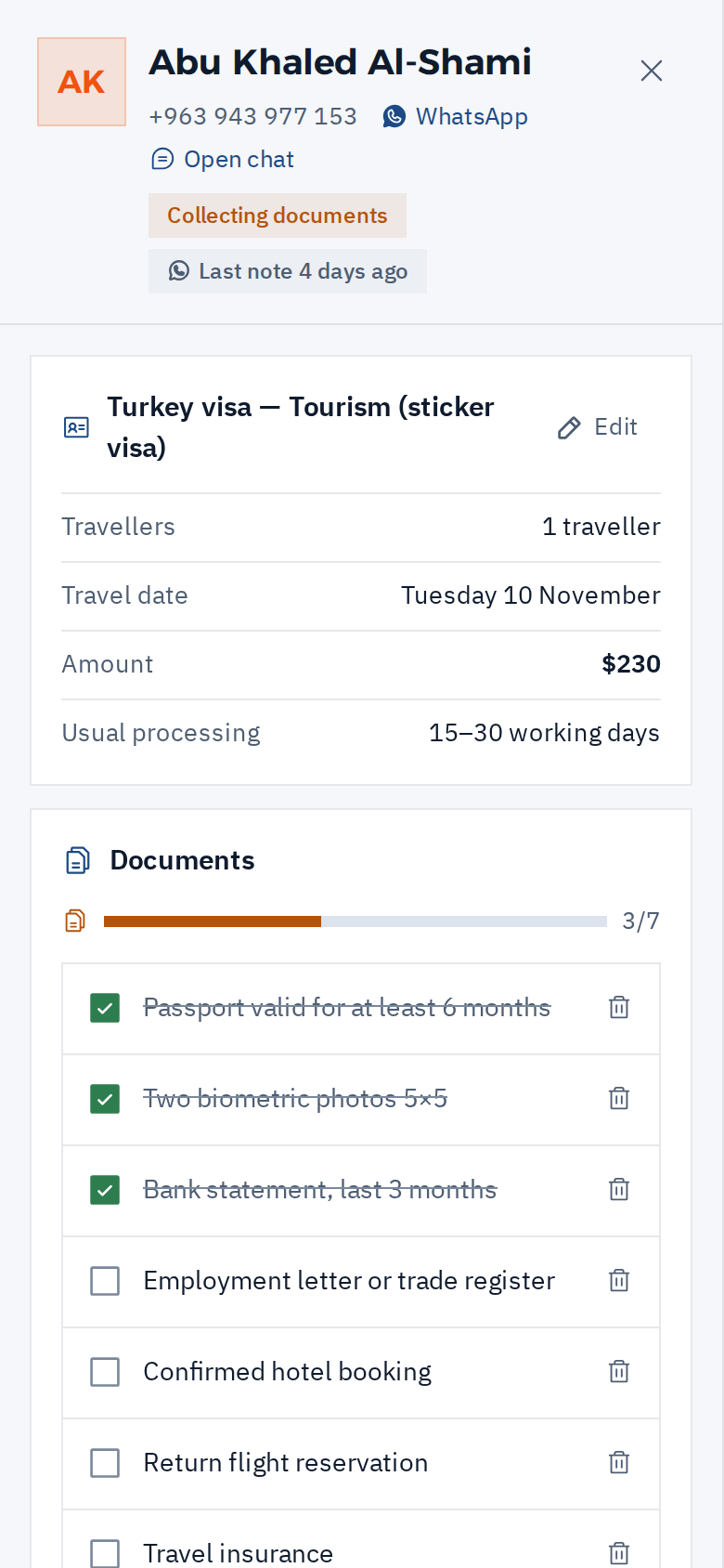 An open request on the phone: the Turkey visa and its documents list with the received ones ticked