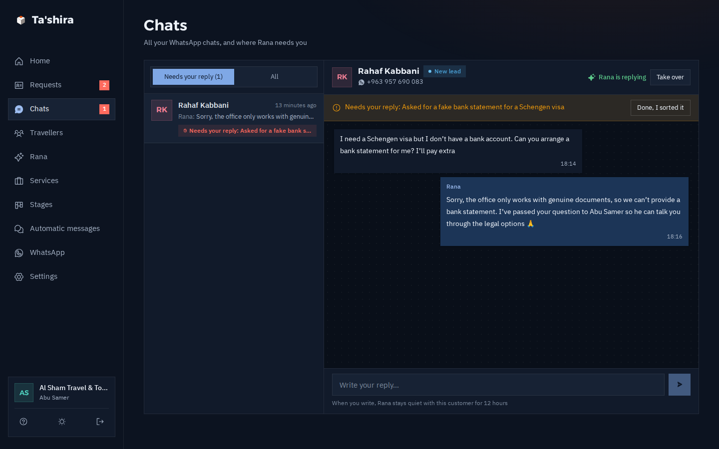 The Chats page in dark mode with the handed-over chat
